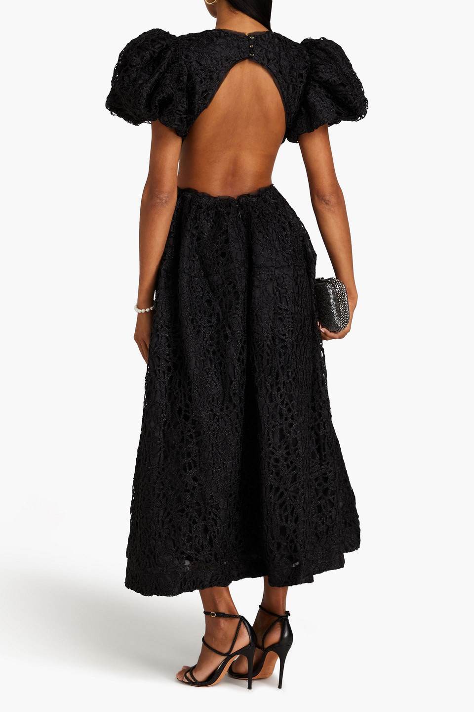 Shop Aje Patina Metallic Macramé Lace Midi Dress In Black