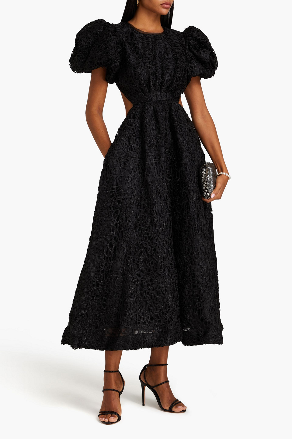 Shop Aje Patina Metallic Macramé Lace Midi Dress In Black