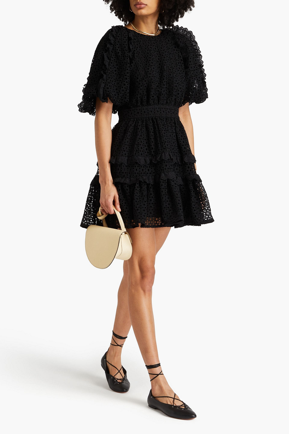 Shop Aje Aveline Ruffled Broderie Anglaise Mini Dress In Black