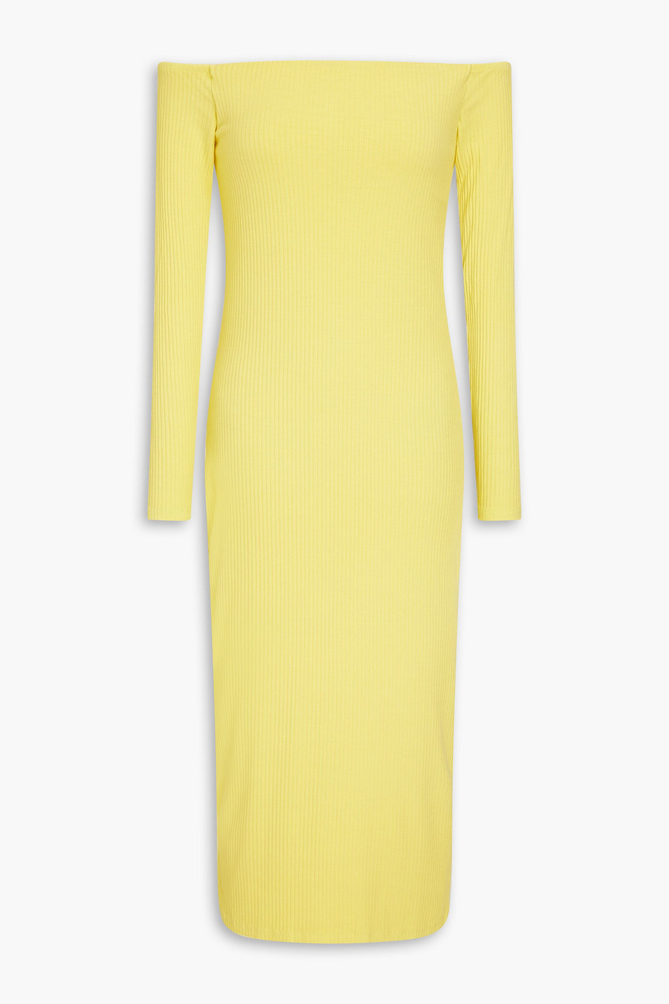 Shop Enza Costa A Coste Off-the-shoulder Ribbed Jersey Midi Dress In Yellow