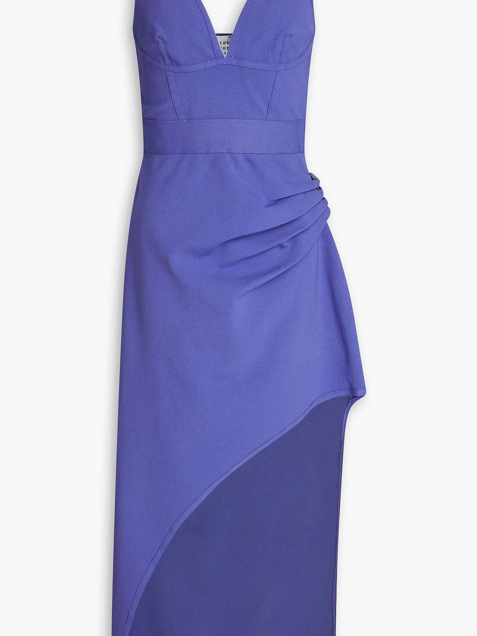 draped embellished ponte midi dress