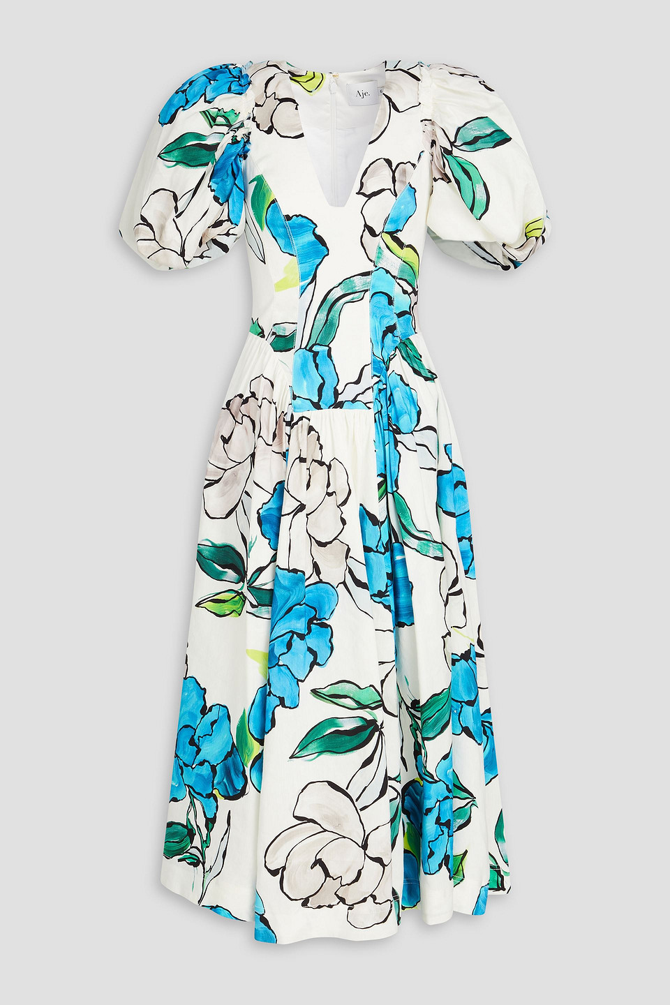 Aje Pedestal Floral-print Linen-blend Midi Dress In Light Blue