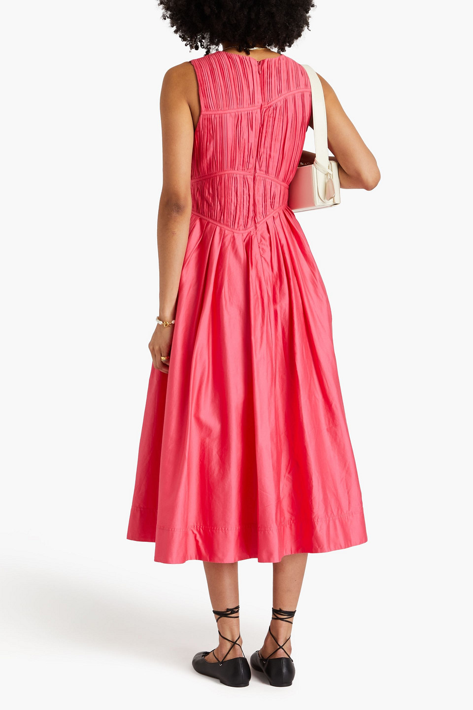 AJE NYA PLEATED COTTON-TAFFETA MIDI DRESS