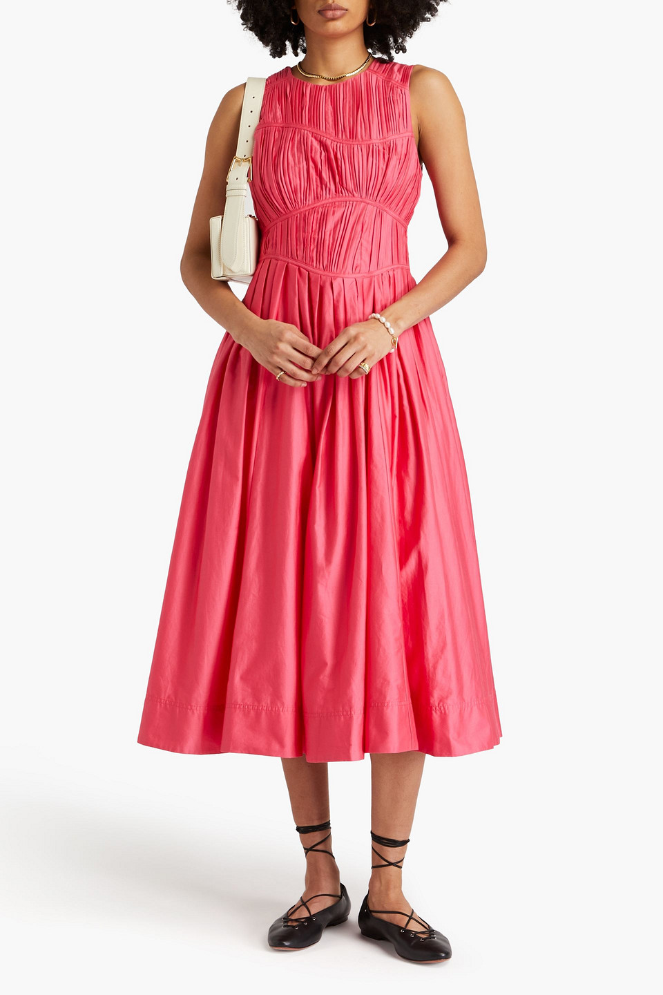 AJE NYA PLEATED COTTON-TAFFETA MIDI DRESS