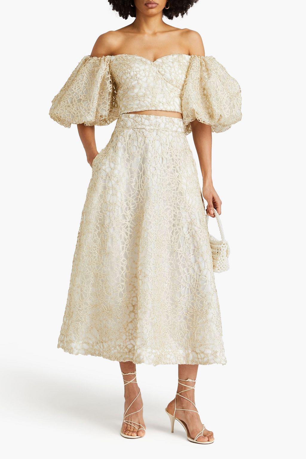 AJE. Patina metallic macramé lace midi skirt