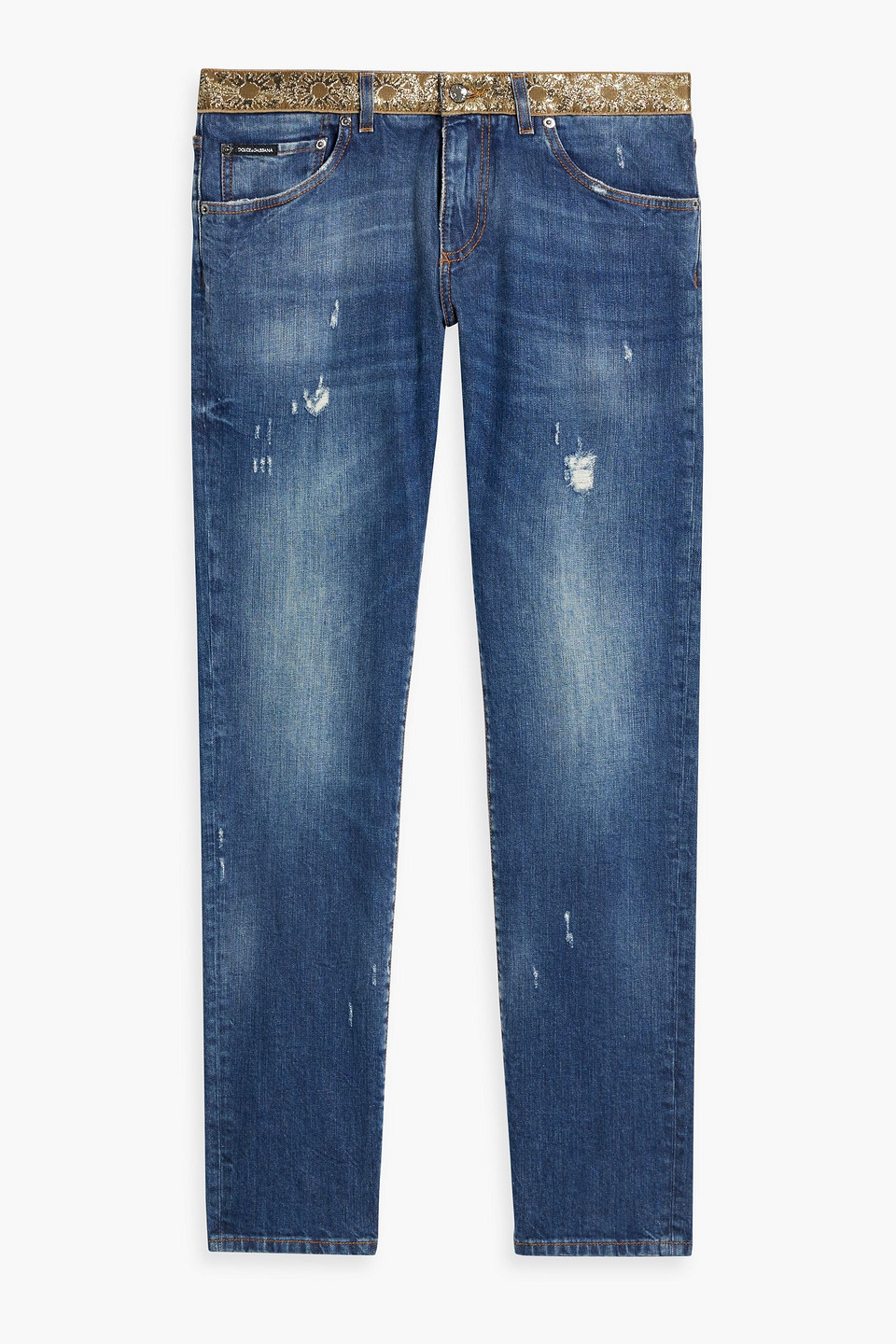 Dolce & Gabbana Slim-fit Metallic Jacquard-trimmed Distressed Denim Jeans In Mid Denim