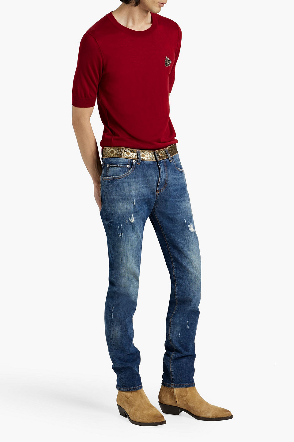 Shop Dolce & Gabbana Slim-fit Distressed Denim Jeans In Mid Denim