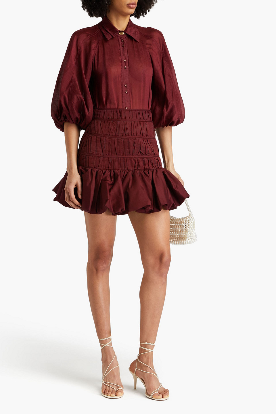 Shop Aje La Vie Plissé Cotton-poplin Mini Skirt In Burgundy