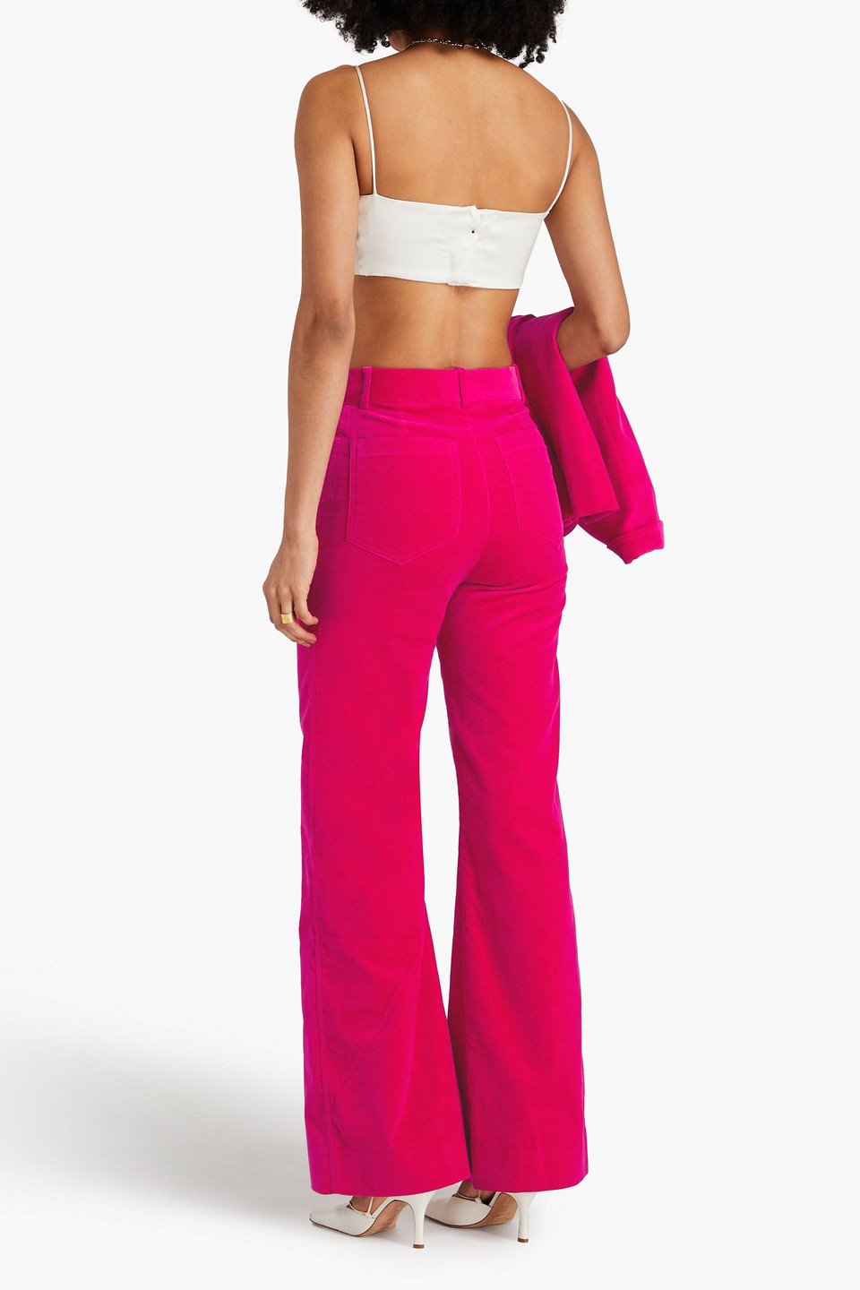 Shop Victoria Beckham Cotton-blend Velvet Flared Pants In Fuchsia