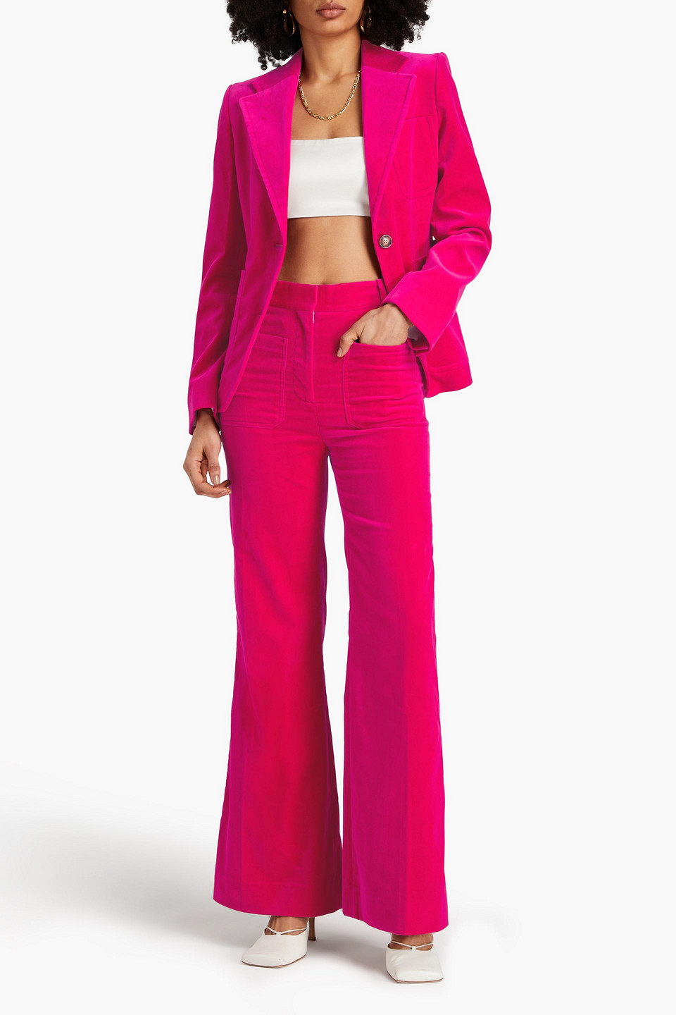 Shop Victoria Beckham Cotton-blend Velvet Flared Pants In Fuchsia