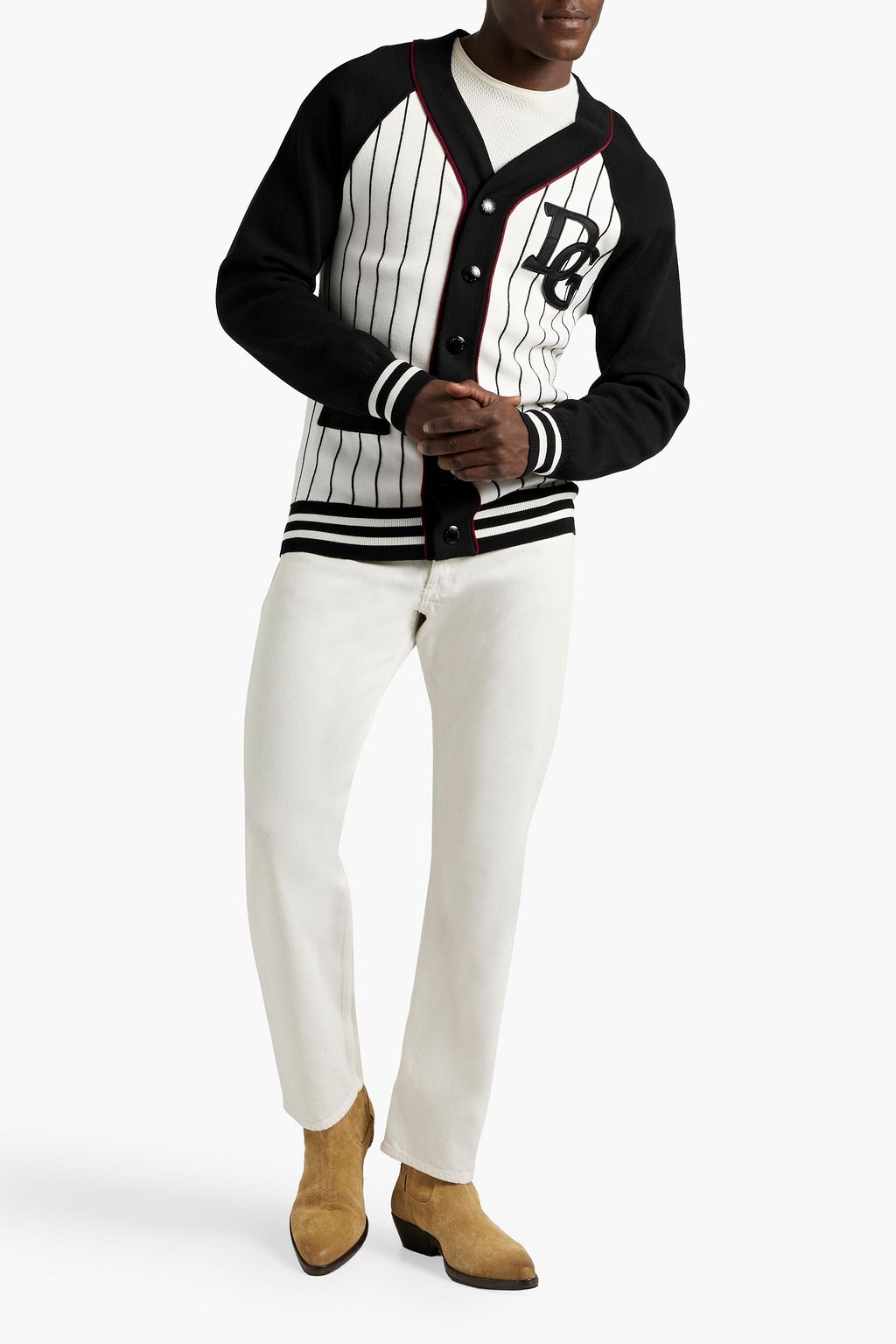 DOLCE&GABBANA Appliquéd striped jacquard-knit wool cardigan