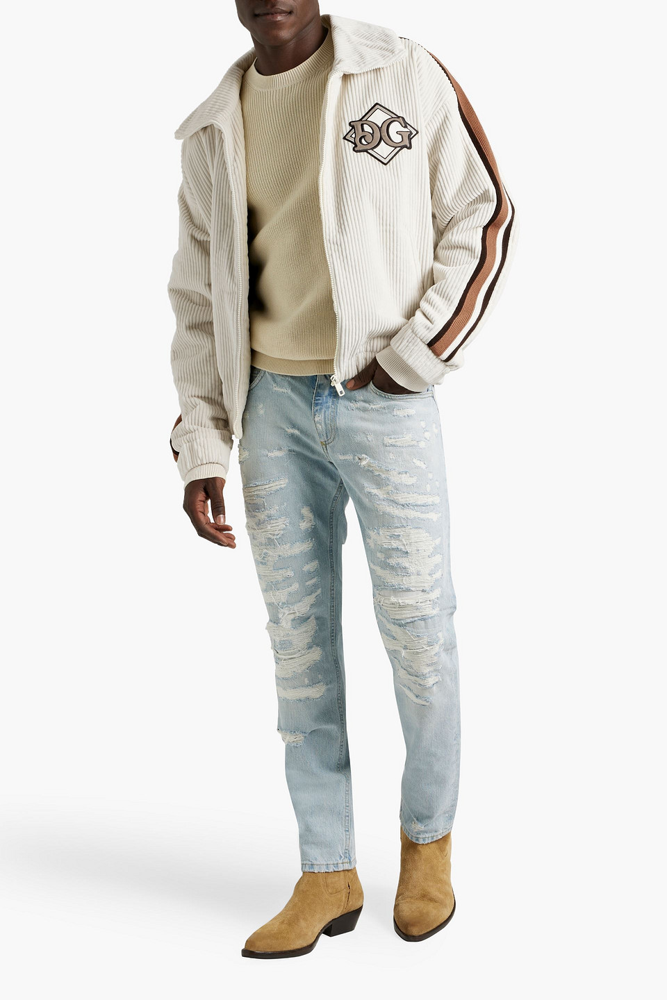 Shop Dolce & Gabbana Appliquéd Cotton-corduroy Jacket In Ivory