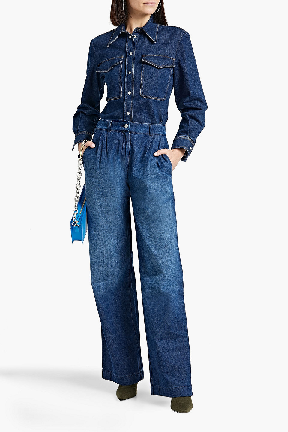 Shop Eb Denim Swan Pleated High-rise Wide-leg Jeans In Mid Denim