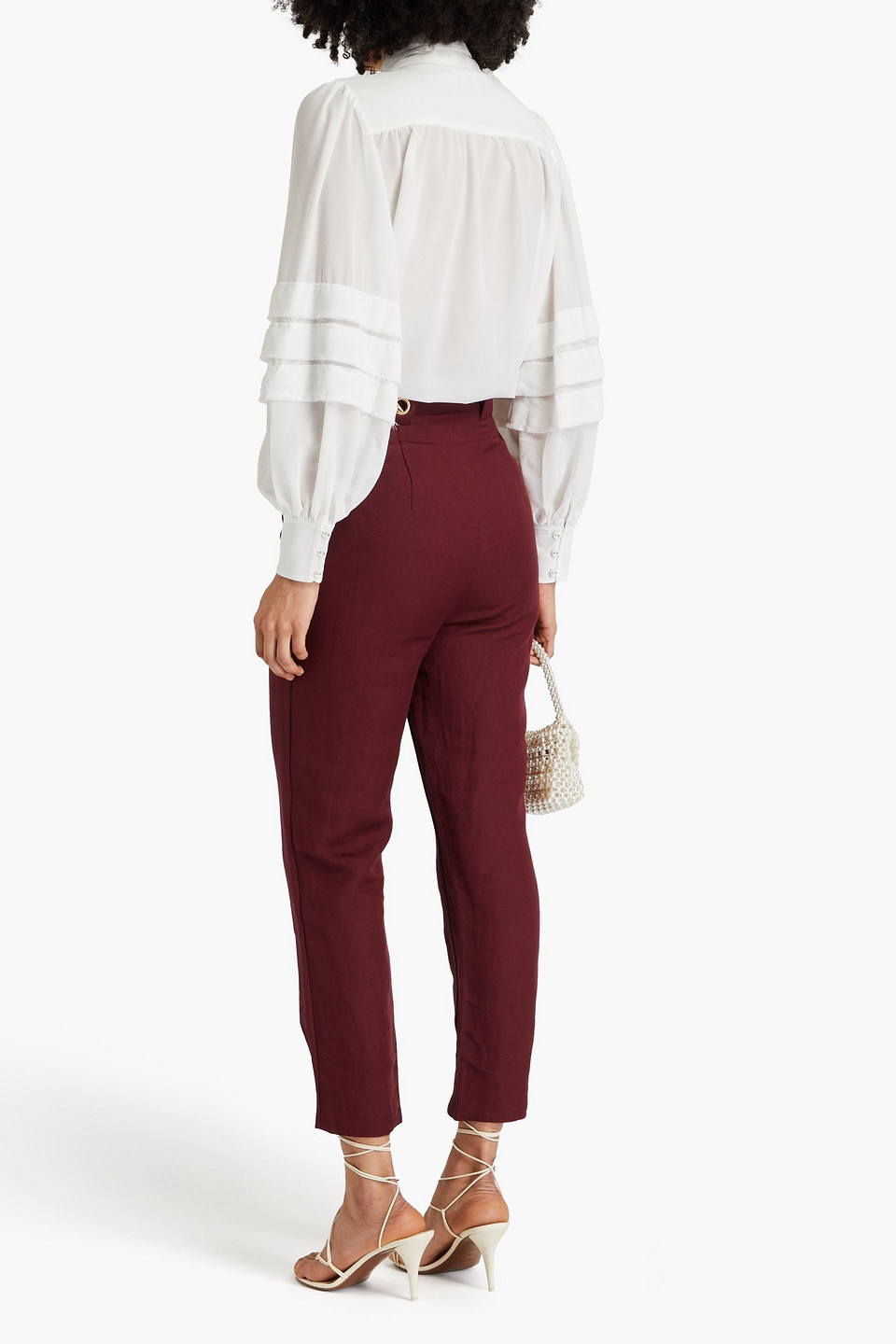 Shop Aje Annabelle Chain-embellished Linen-blend Tapered Pants In Merlot