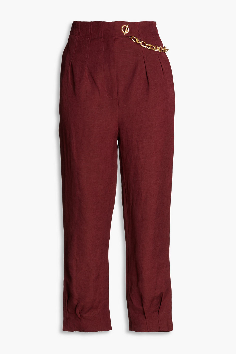 Aje Annabelle Chain-embellished Linen-blend Tapered Trousers In Merlot