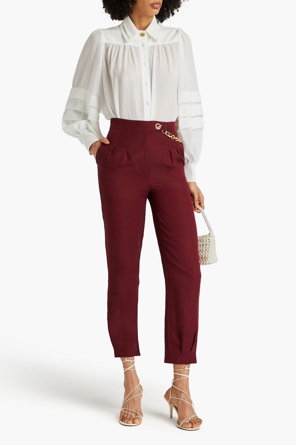 Shop Aje Annabelle Chain-embellished Linen-blend Tapered Pants In Merlot