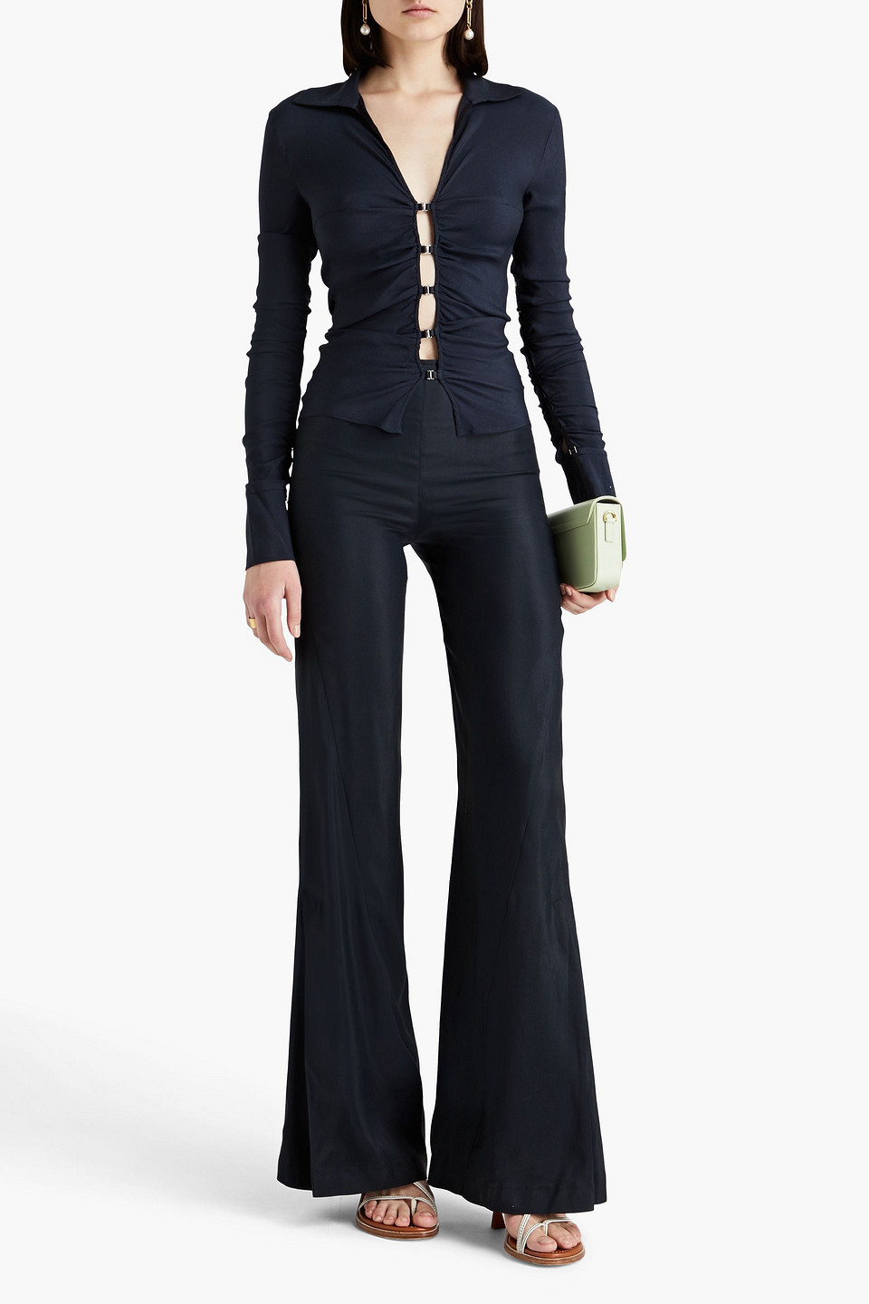 Shop Jacquemus Soffo Ruched Cutout Crepe Top In Navy