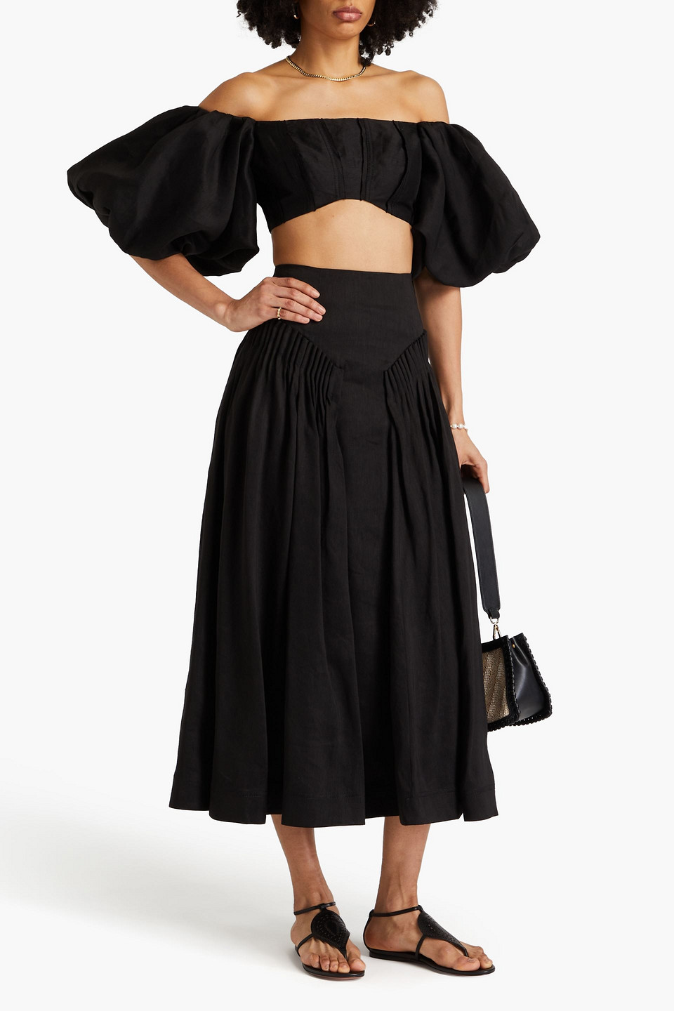 Shop Aje Eugene Off-the-shoulder Cropped Linen-blend Top In Black