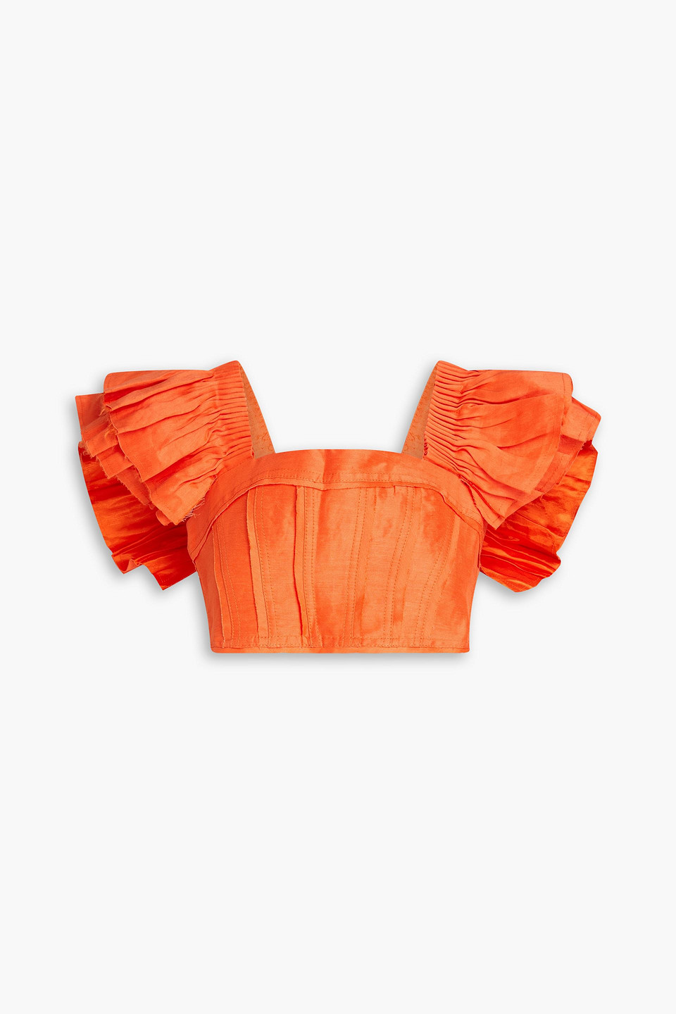 Shop Aje Imagine Cropped Ruffled Linen-blend Top In Orange