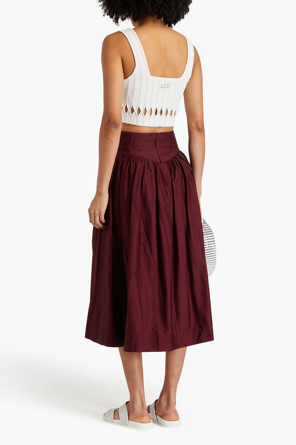 Shop Aje Estelle Gathered Cotton Midi Skirt In Burgundy