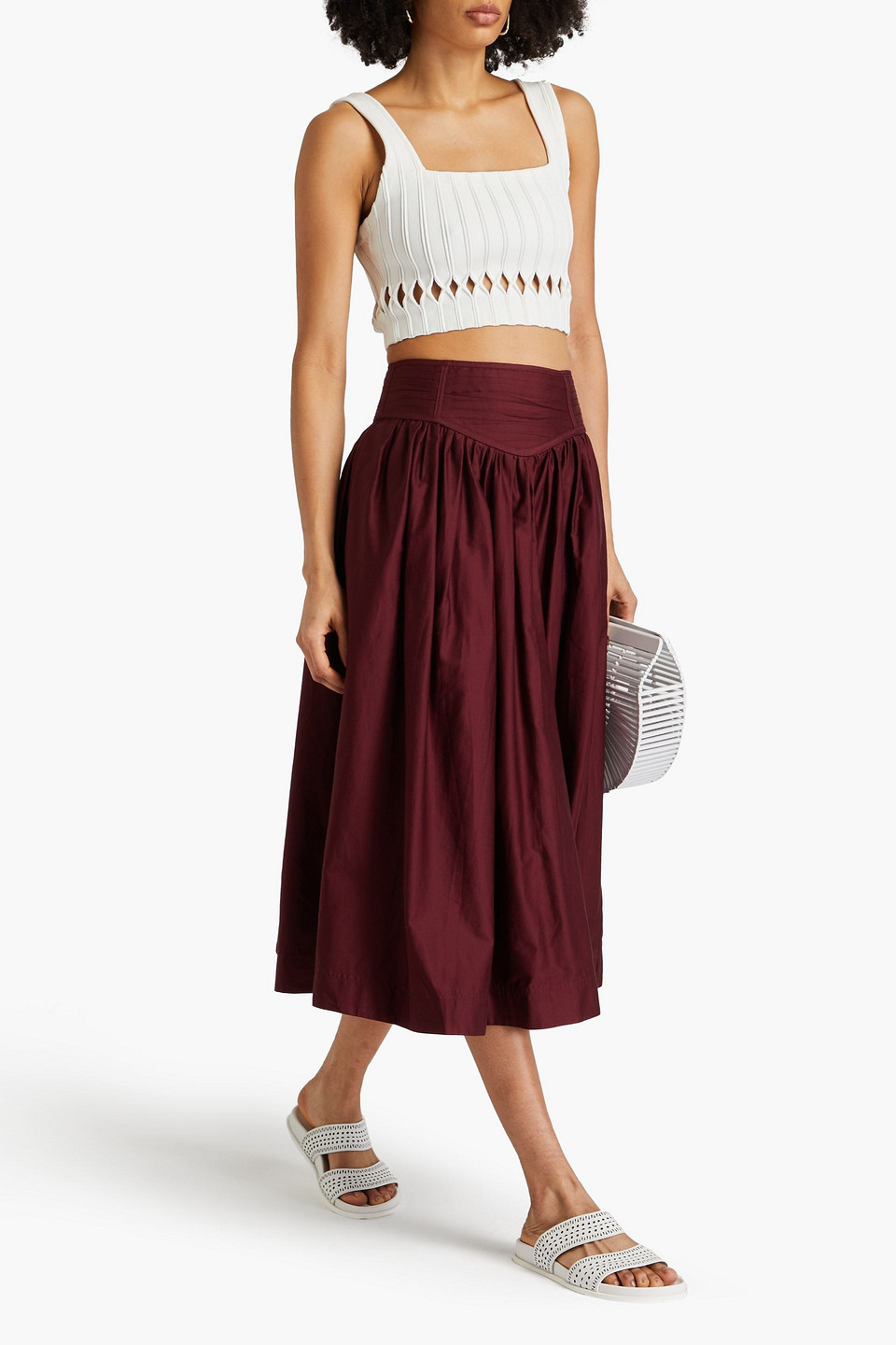 Shop Aje Estelle Gathered Cotton Midi Skirt In Burgundy