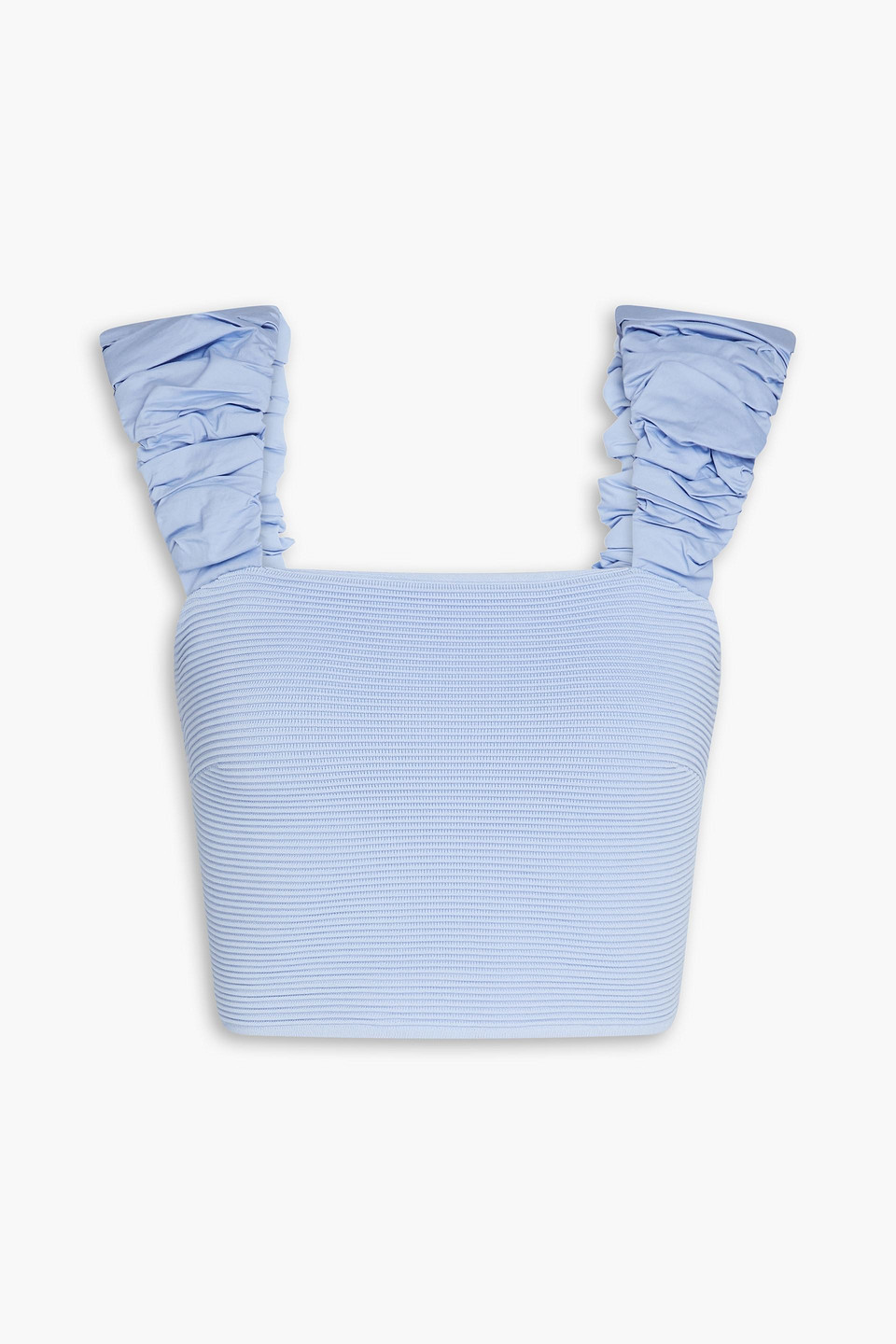 Aje Allard Ruched Paneled Stretch-knit Top In Light Blue