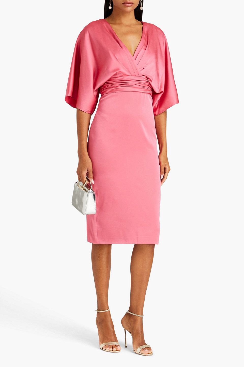 Shop Theia Pleated Satin Dress In Pink