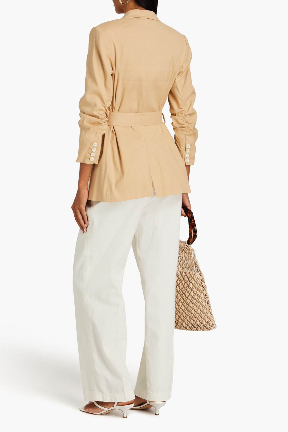 Shop Derek Lam 10 Crosby Harrison Belted Ruched Linen-blend Blazer In Beige