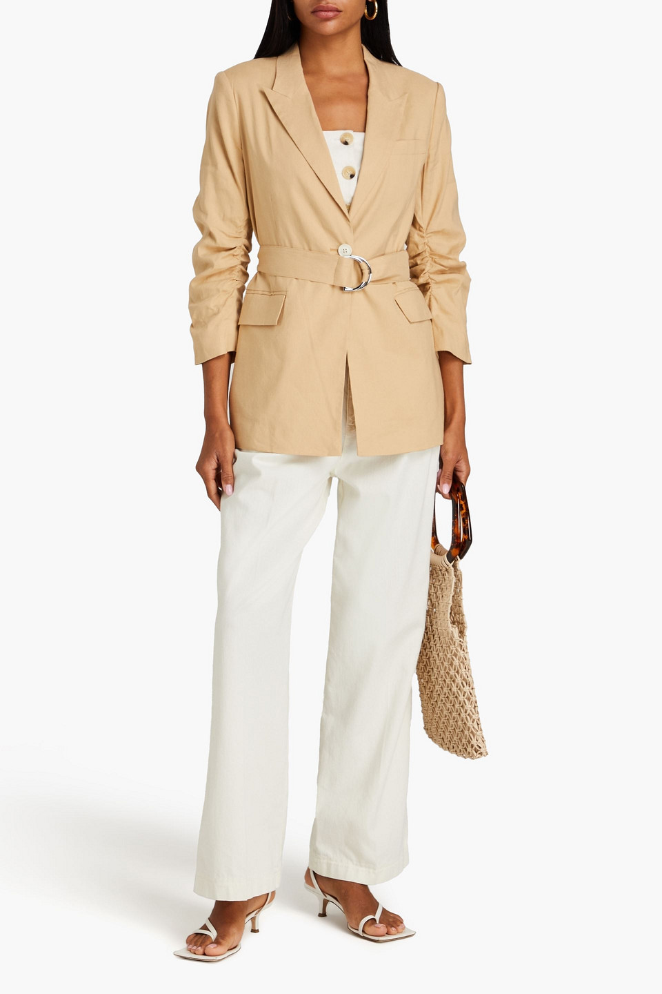 Shop Derek Lam 10 Crosby Harrison Belted Ruched Linen-blend Blazer In Beige