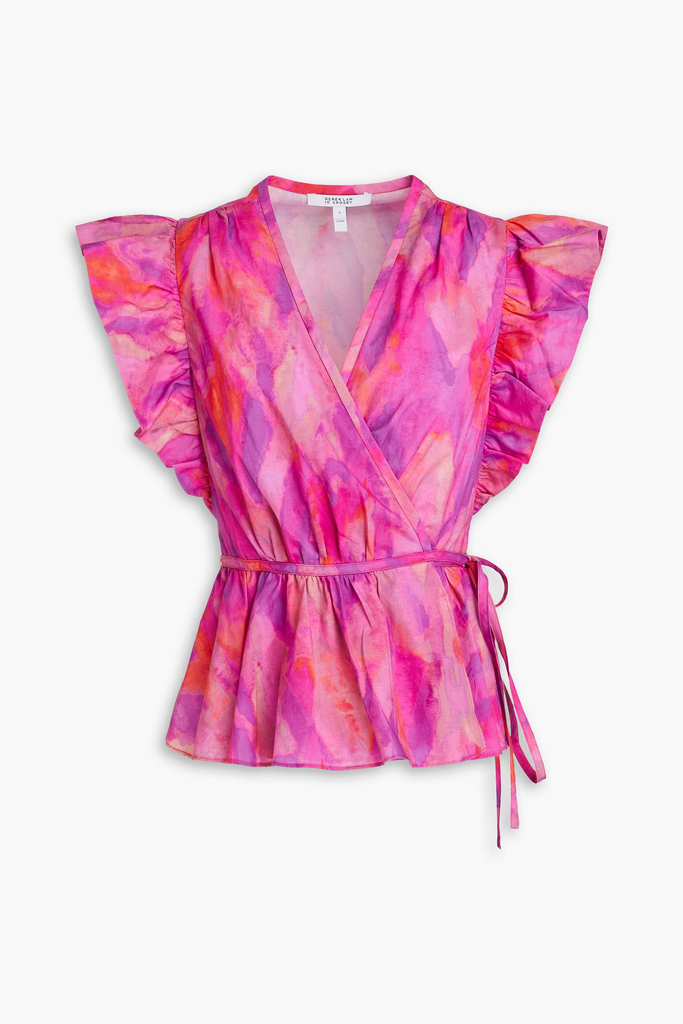 Derek Lam 10 Crosby Ruffled Printed Cotton-poplin Wrap Top In Fuchsia