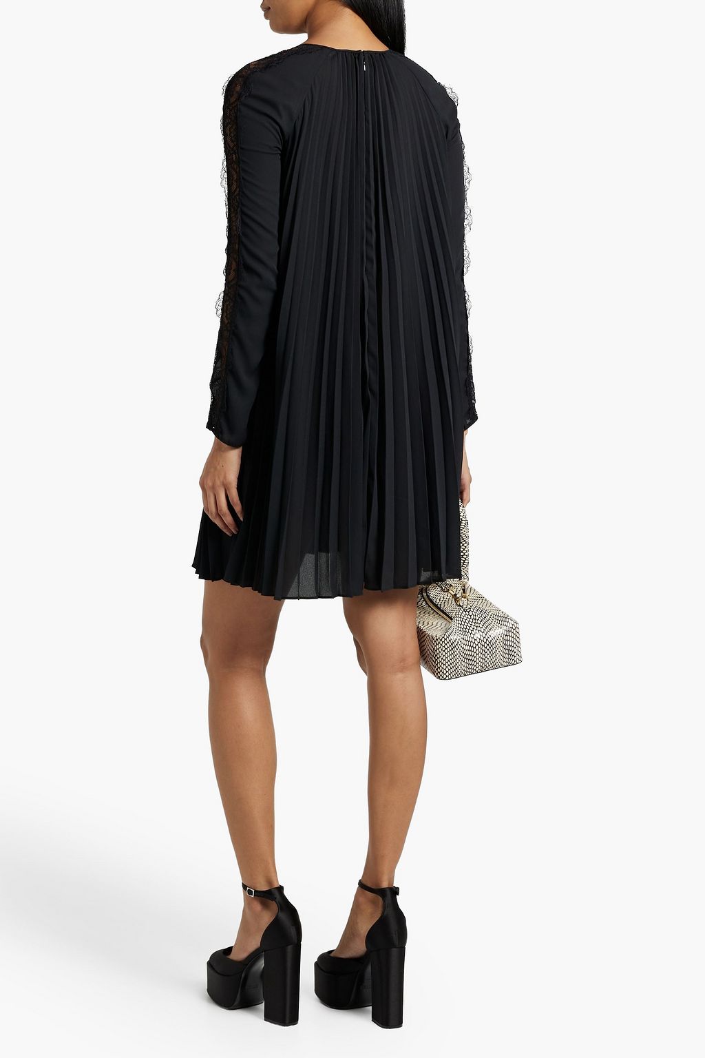 REDVALENTINO Lace-trimmed pleated crepe mini dress