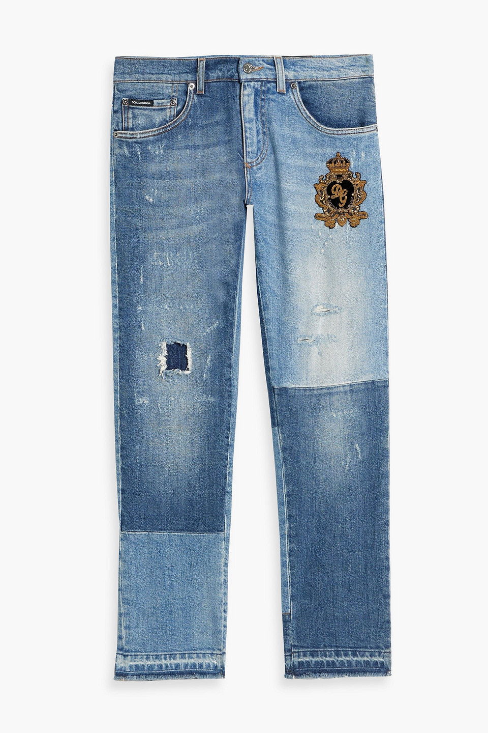 Dolce & Gabbana Slim-fit Distressed Patchwork-effect Denim Jeans In Mid Denim