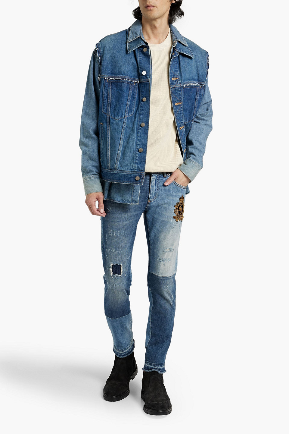 Dolce & Gabbana Slim-fit Distressed Patchwork-effect Denim Jeans In Mid Denim