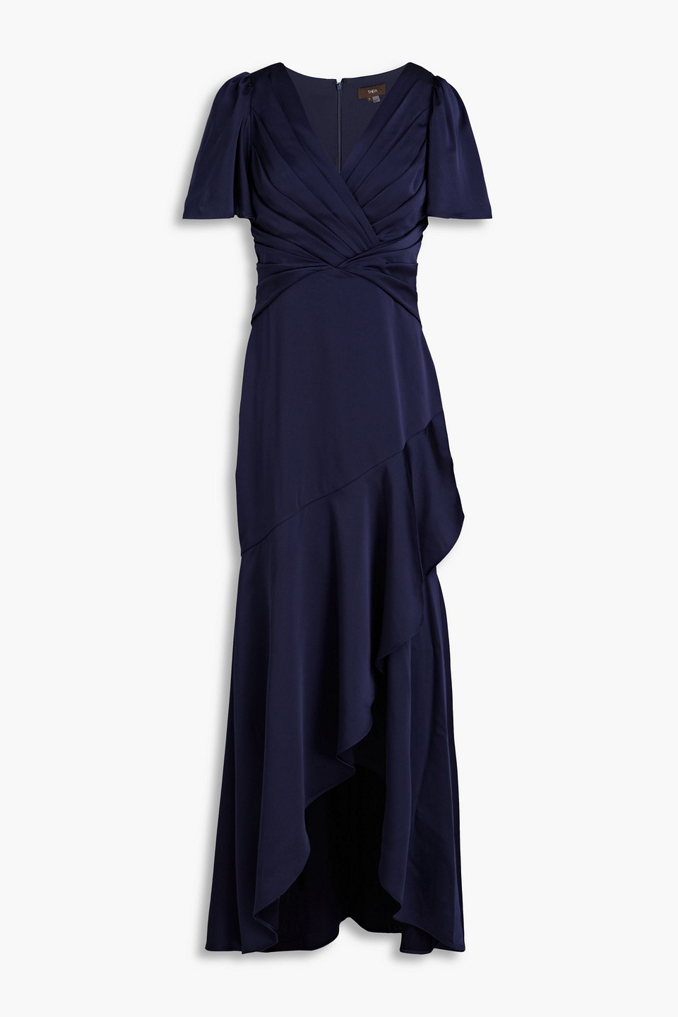 Theia Ruffled Pleated Satin Gown In Navy