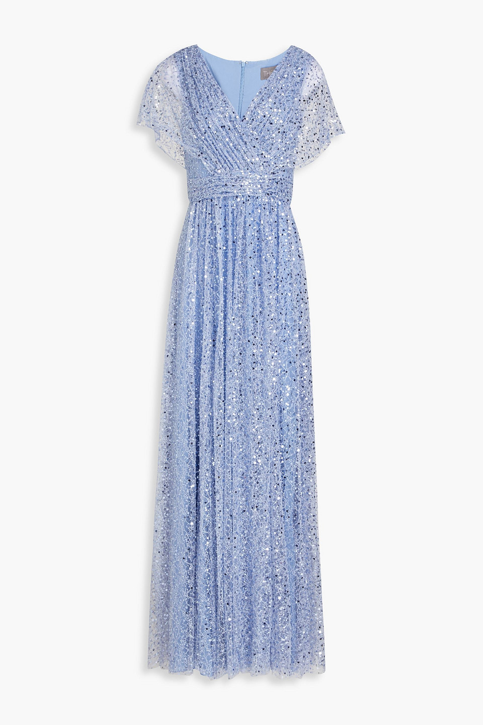 Theia Embellished Pleated Tulle Gown In Light Blue