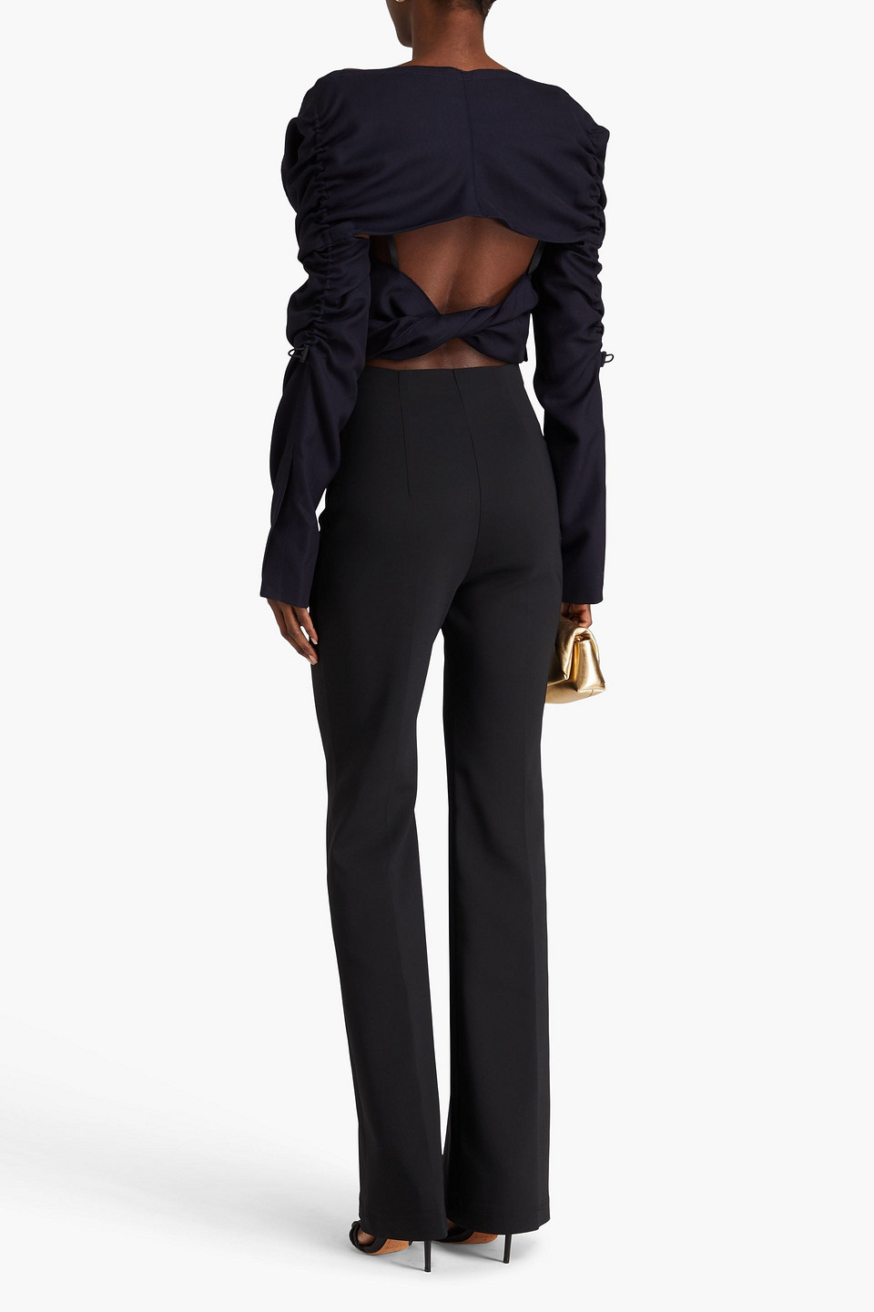 Jacquemus Camargue Cold-shoulder Ruched Wool-crepe Top In Navy