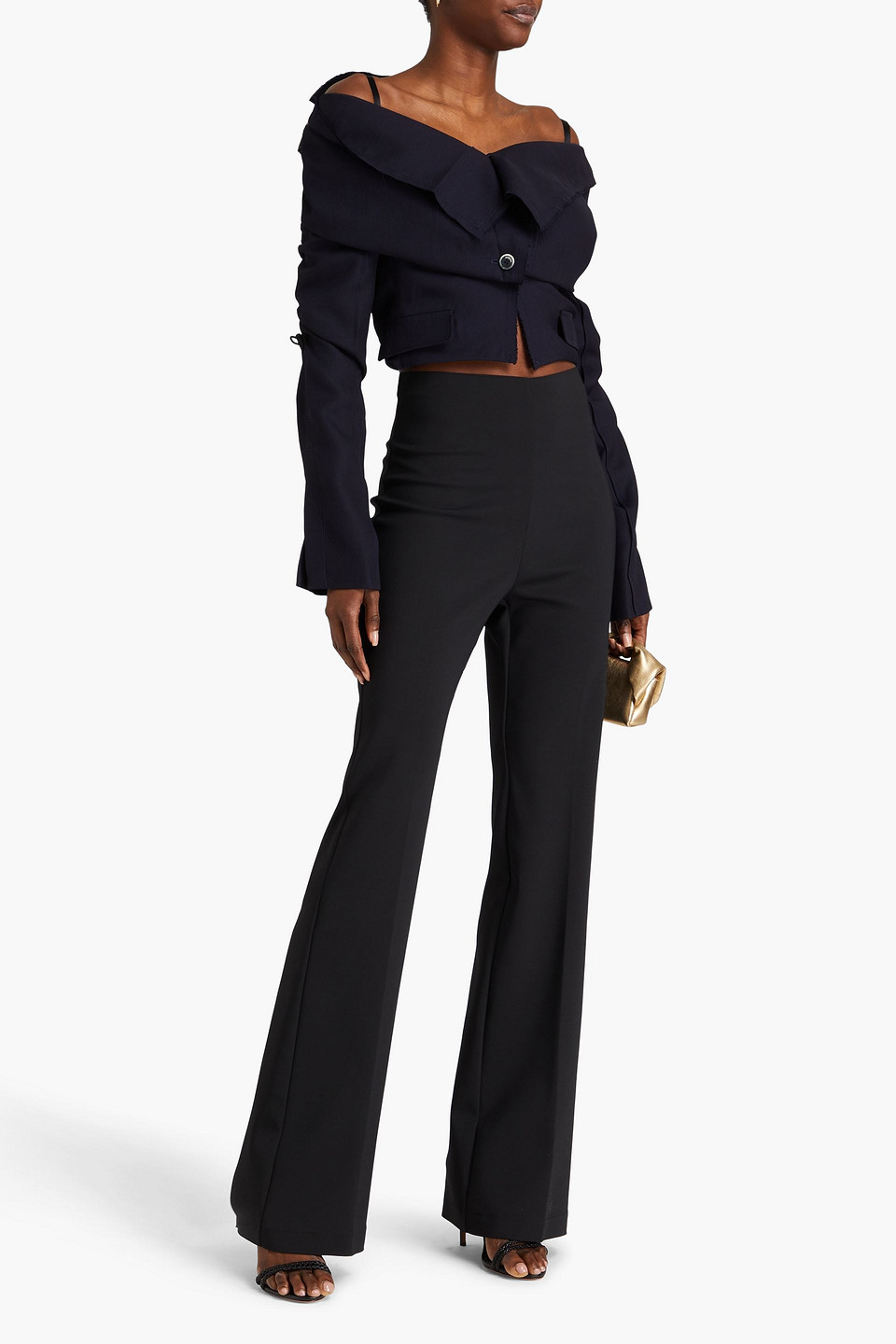 Jacquemus Camargue Cold-shoulder Ruched Wool-crepe Top In Navy