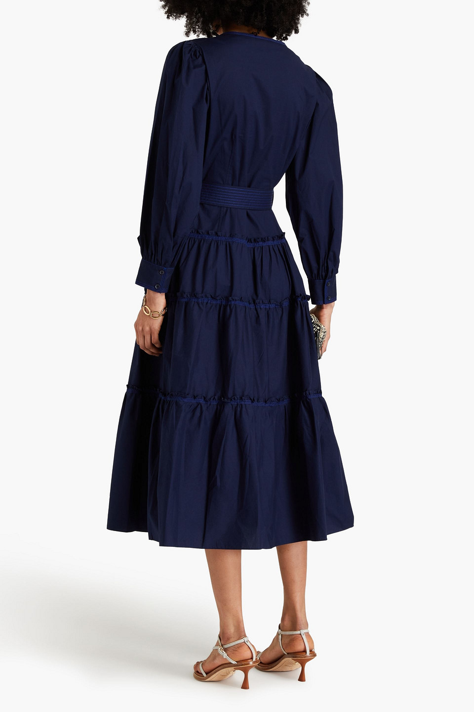 Shop Derek Lam 10 Crosby Rowena Tiered Stretch-cotton Poplin Midi Dress In Navy