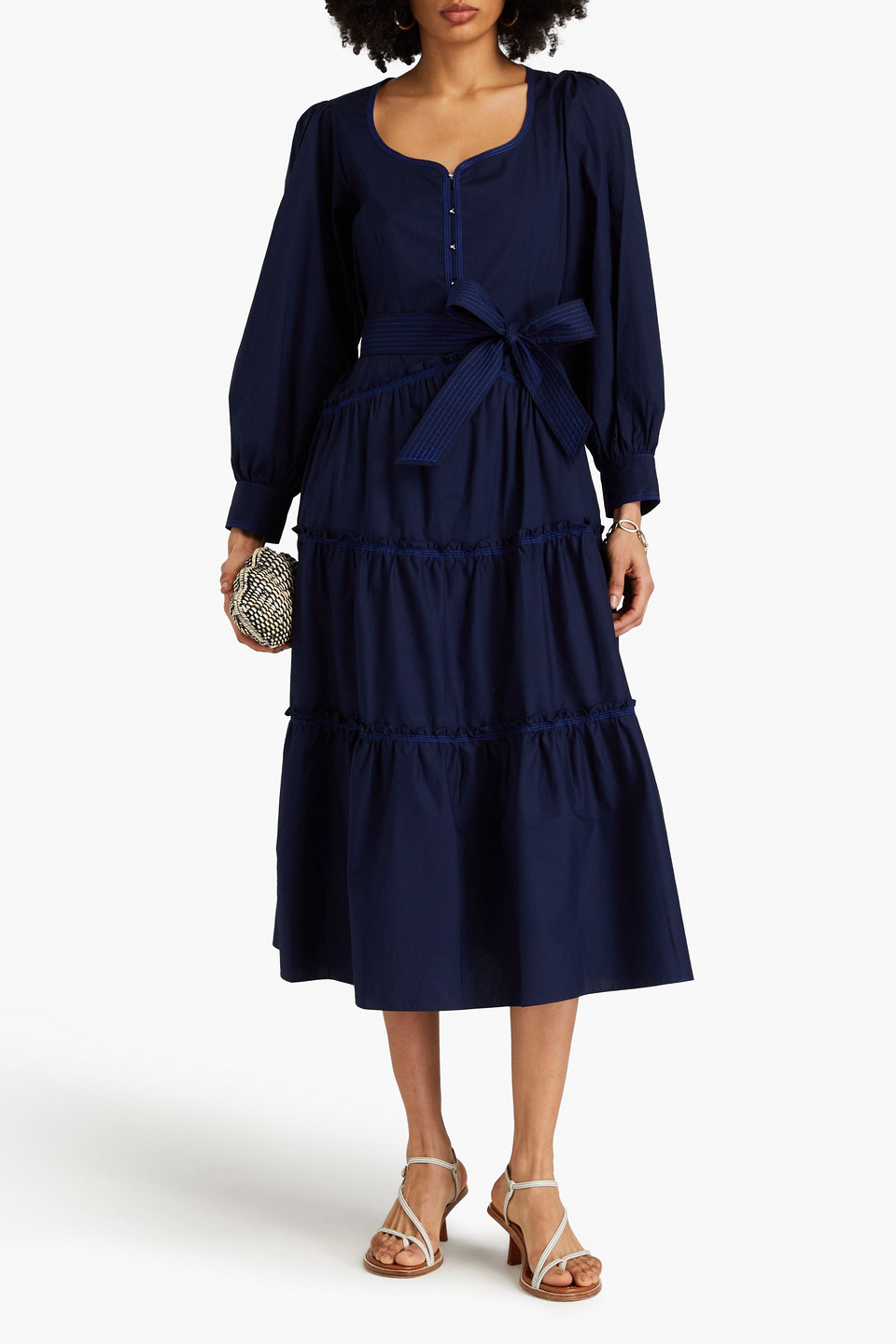 Shop Derek Lam 10 Crosby Rowena Tiered Stretch-cotton Poplin Midi Dress In Navy