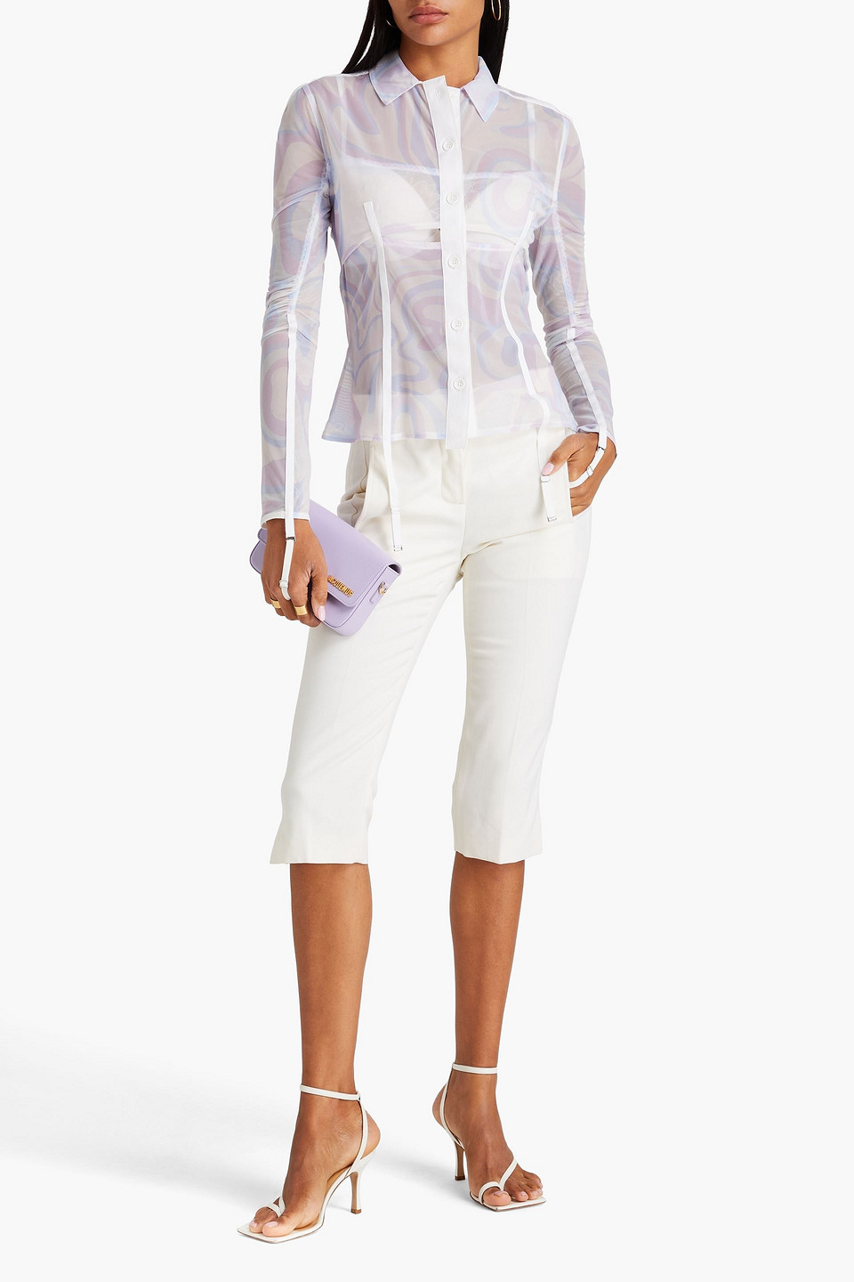 Shop Jacquemus Vela Cutout Printed Mesh Shirt In Lilac