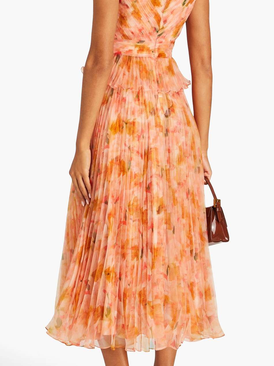 holly pleated floral-print organza midi dress