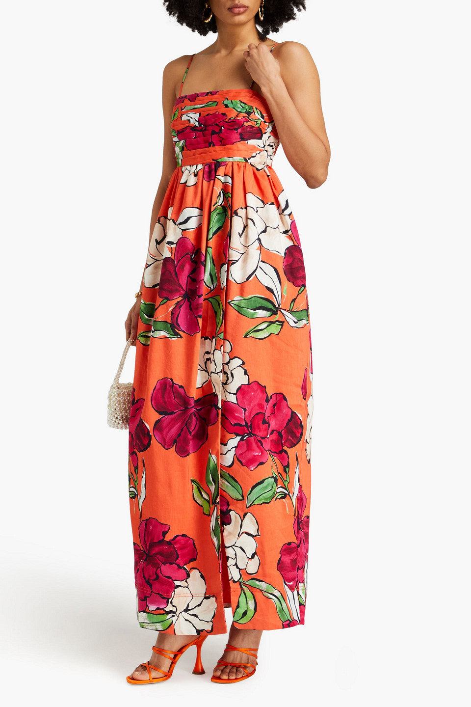 Shop Aje Monument Floral-print Linen-blend Maxi Dress In Orange