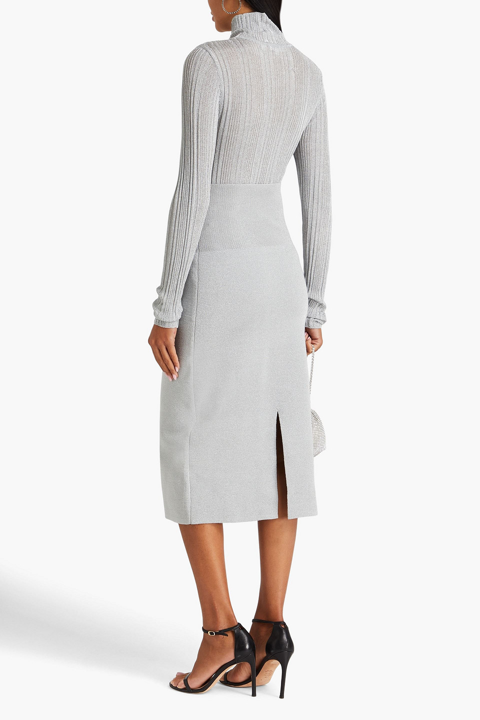 Shop Victoria Beckham Metallic Knitted Midi Skirt In Silver