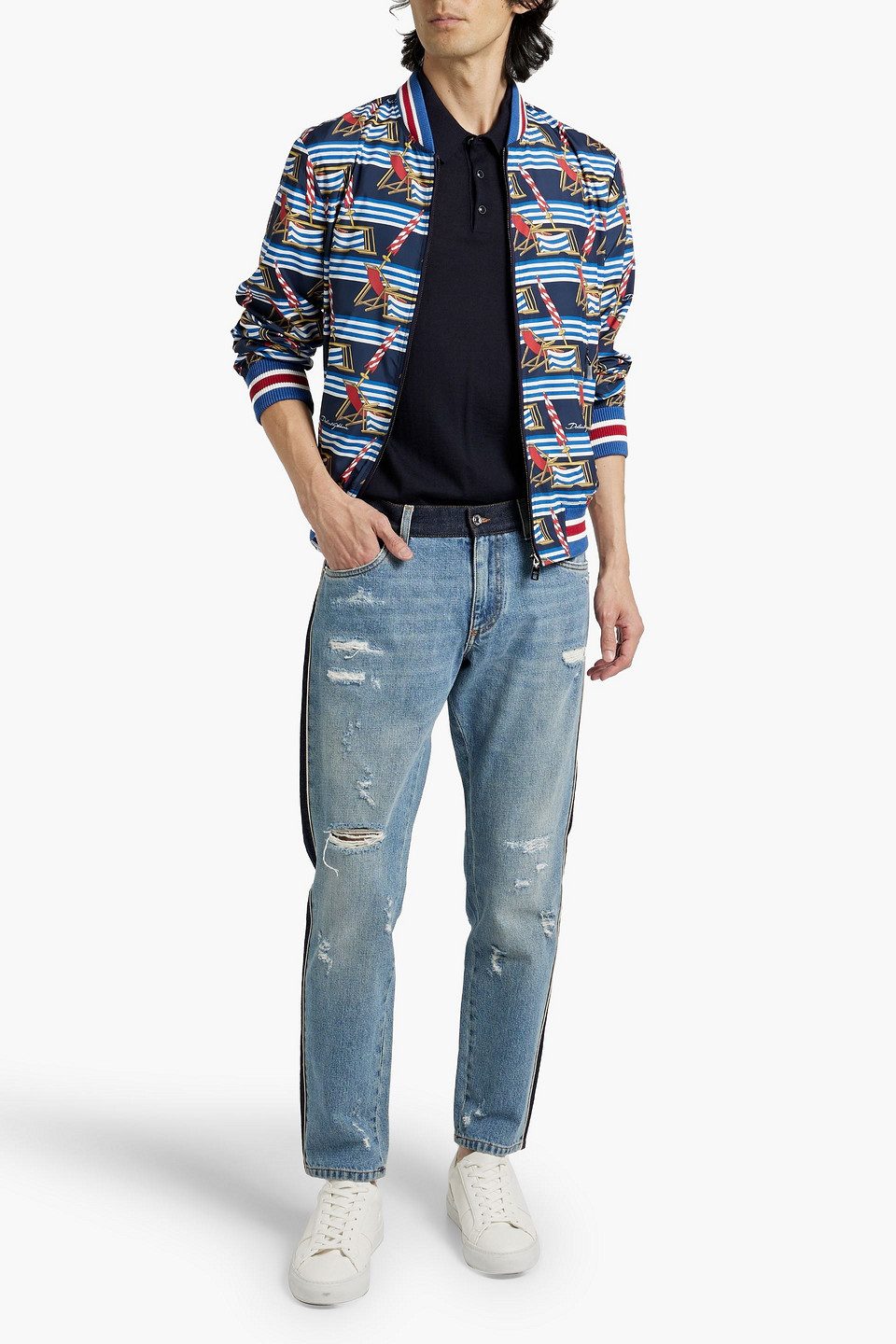 Shop Dolce & Gabbana Printed Shell Bomber Jacket In Navy