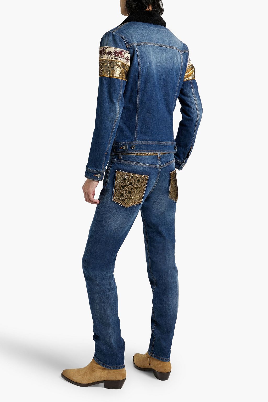 DOLCE&GABBANA Metallic jacquard-paneled distressed denim jacket