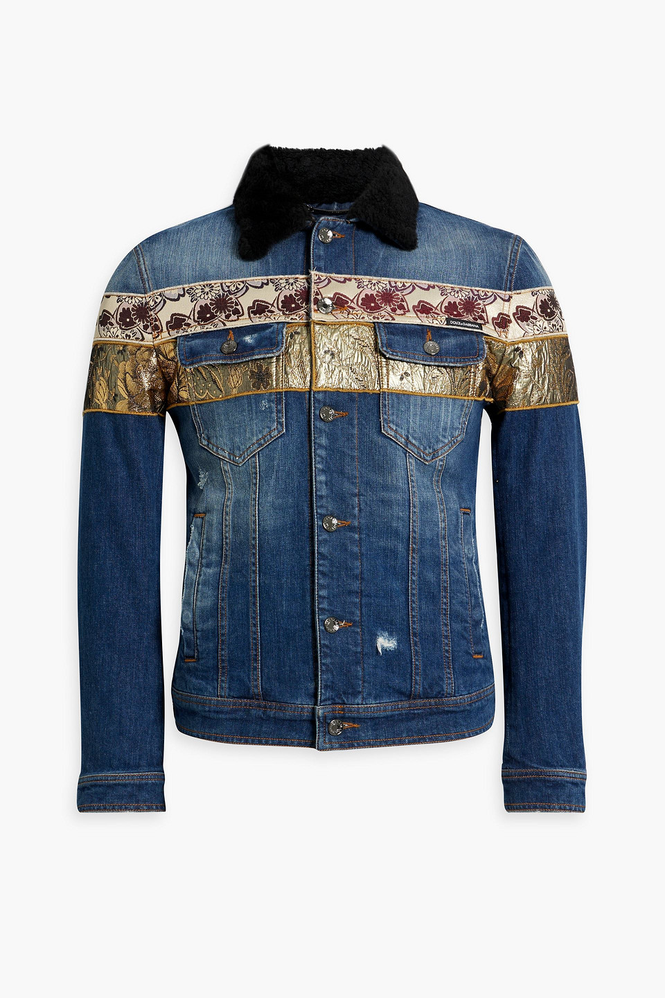Dolce&Gabbana Metallic jacquard-paneled distressed denim jacket
