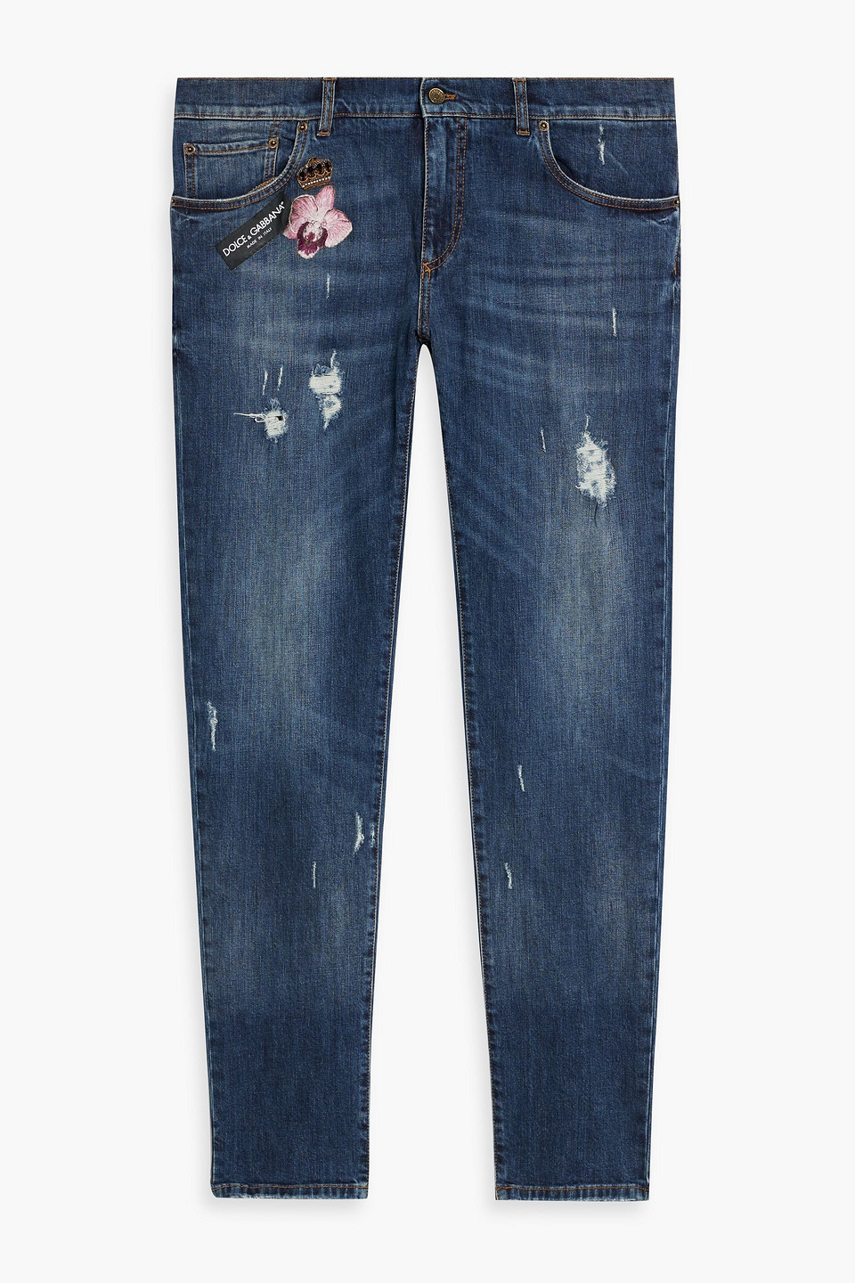 Slim-fit embellished distressed denim jeans