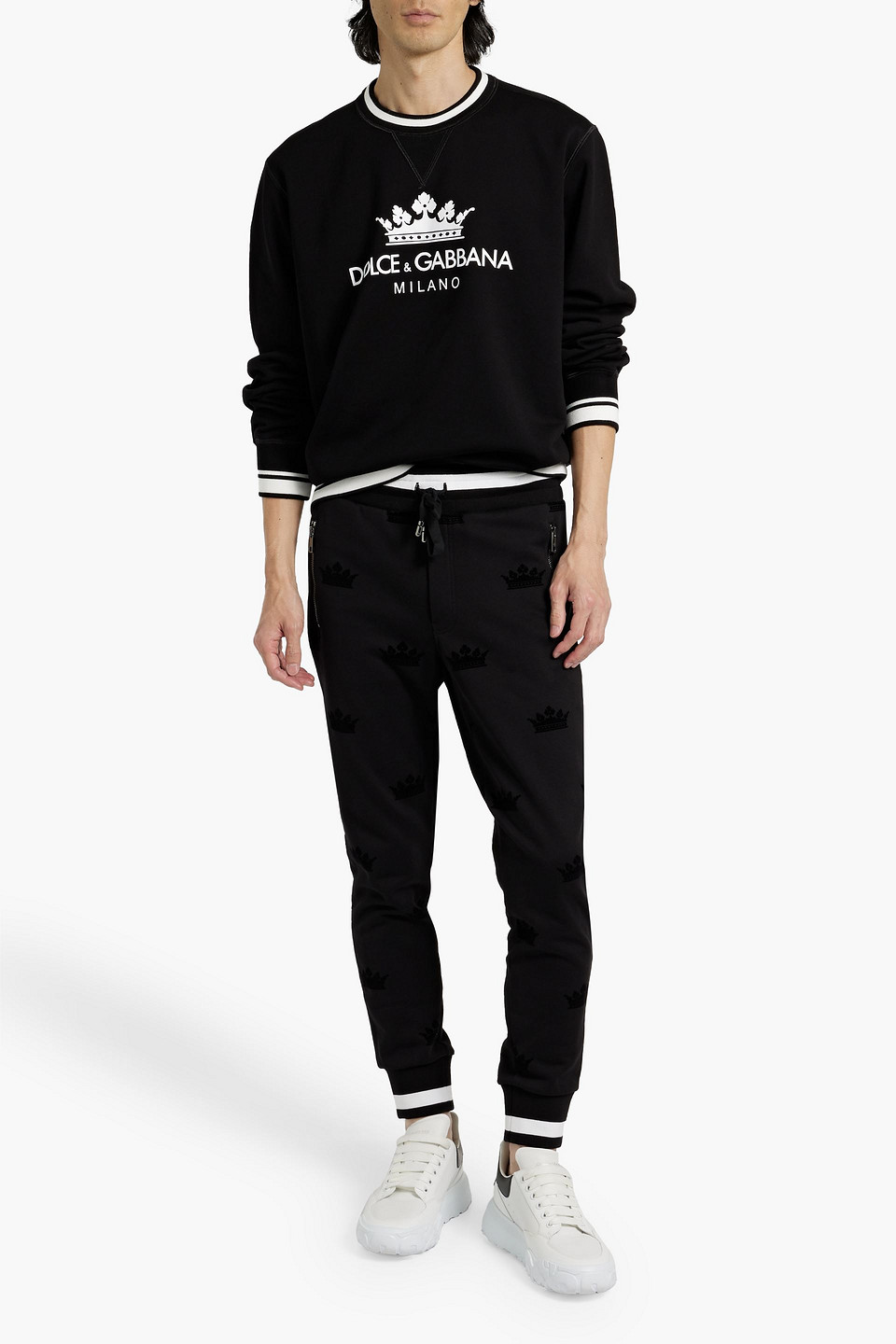 Dolce & Gabbana Flocked French Cotton-terry Sweatpants In Black