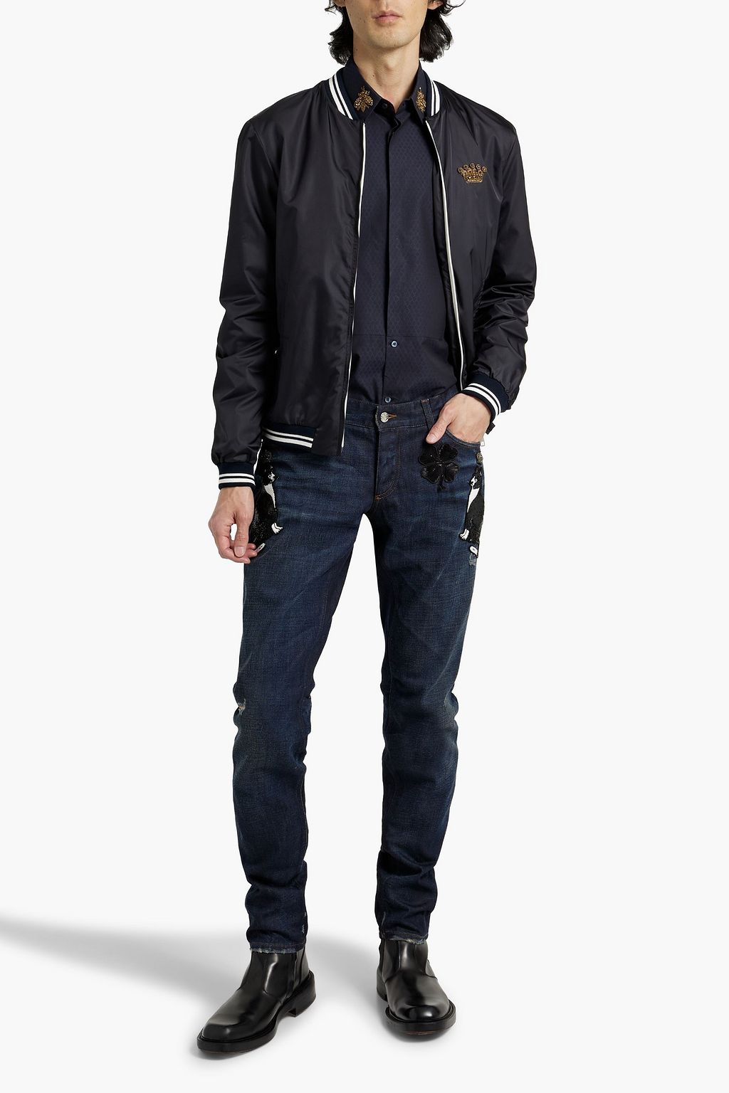 DOLCE&GABBANA Slim-fit embellished distressed denim jeans