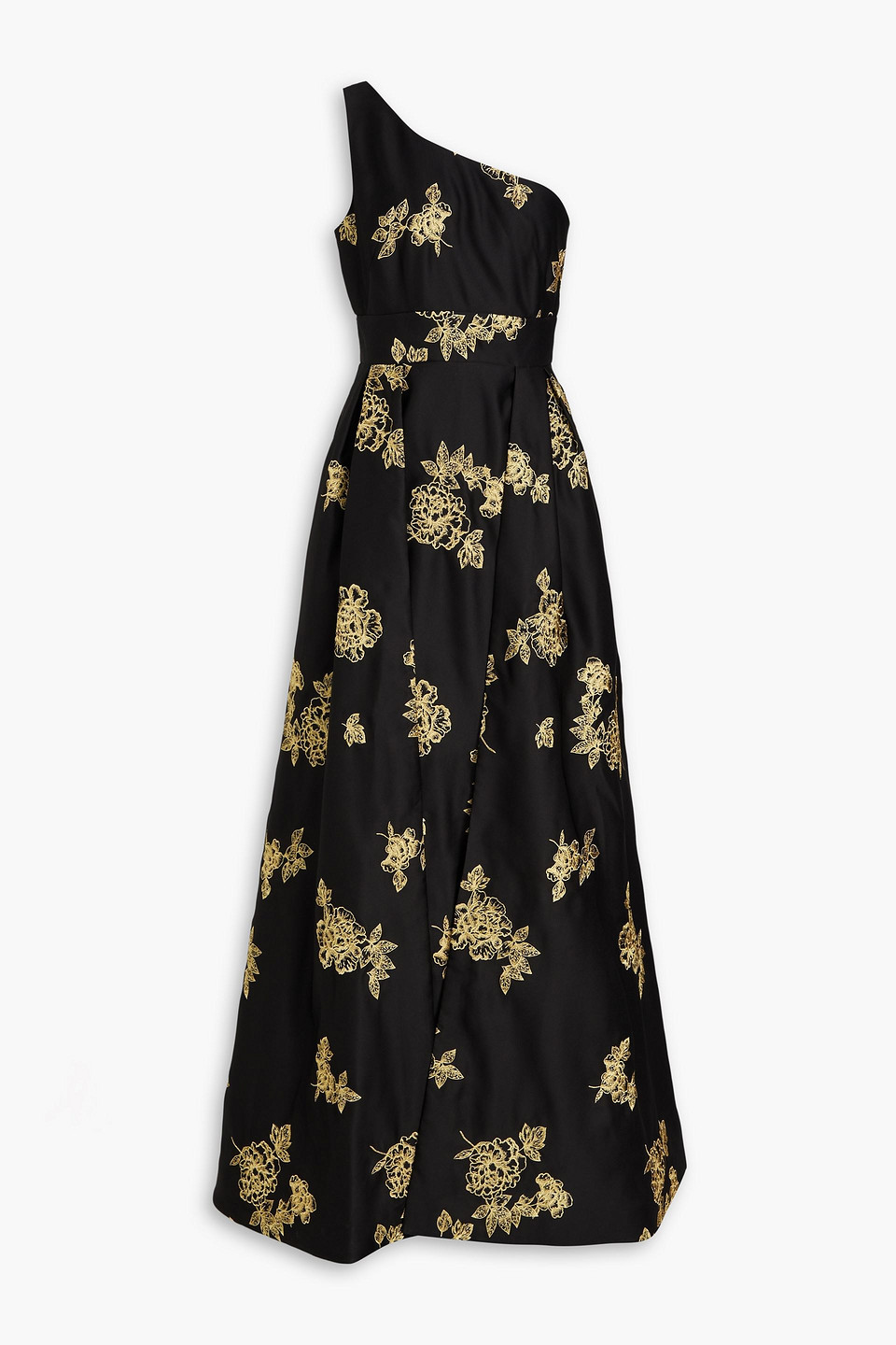 Shop Marchesa Notte One-shoulder Embroidered Satin Gown In Black